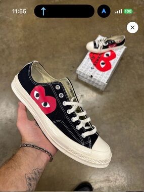 Comme des Garcons Black Canvas Low-Top Sneakers with Red Heart Motif